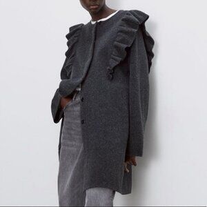 NWOT Zara Ruffled Shoulder Snap Front Cosy Knit Sweater Coat Grey Small